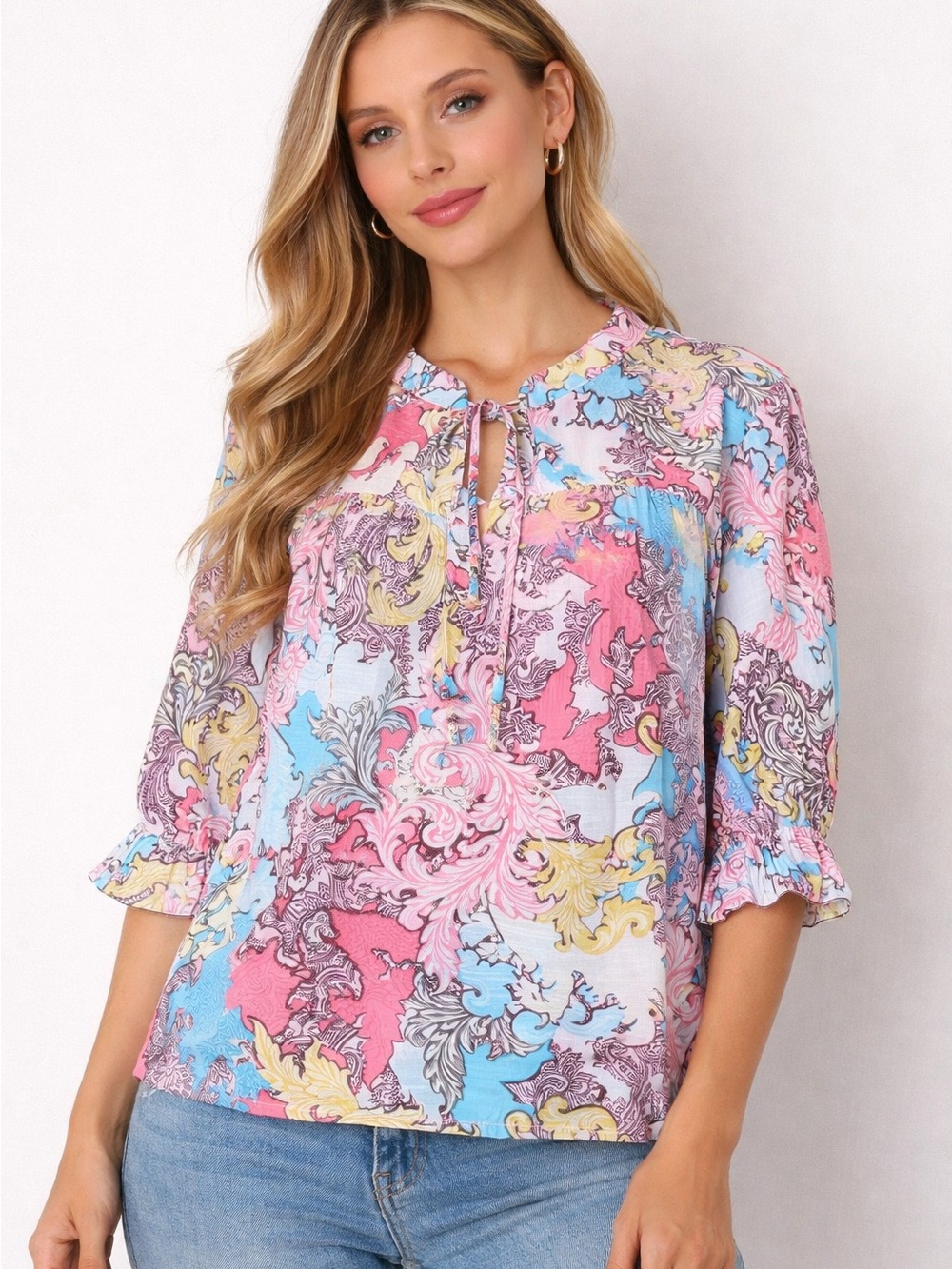 Counterparts Pastel Floral Paisley Tie-Neck Blouse in Pink Blue Yellow
